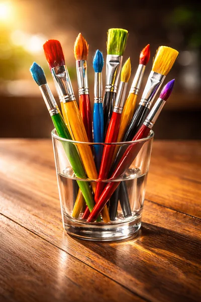 Assorted Paintbrushes Standing In A Glass Of Water