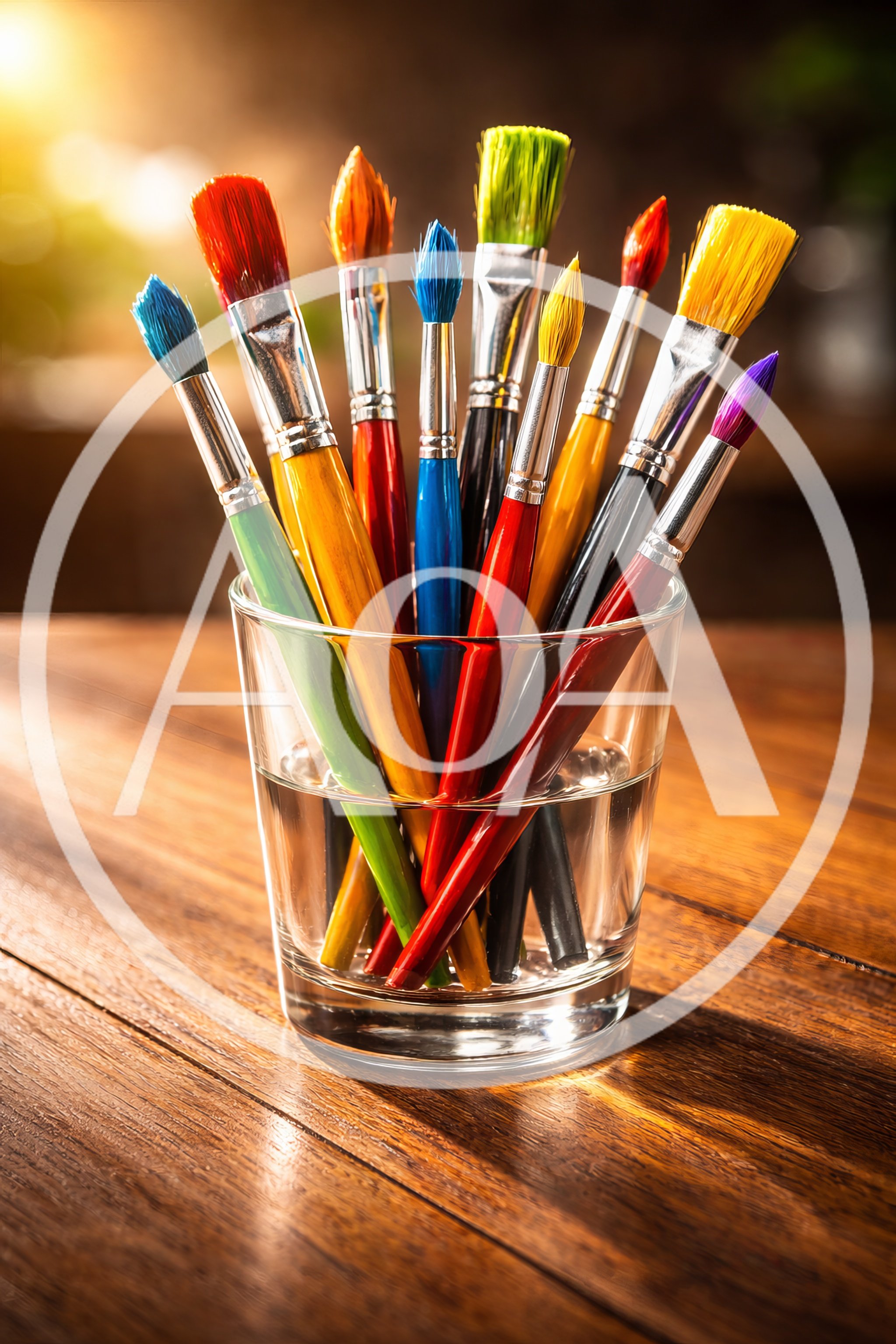 Assorted Paintbrushes Standing In A Glass Of Water