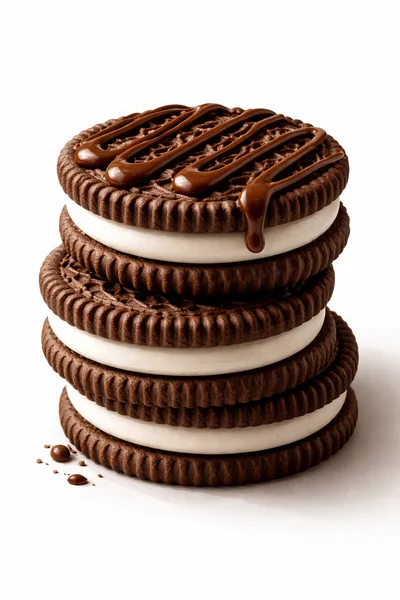 Stack Of Chocolate Sandwich Cookies With Drizzled Syrup