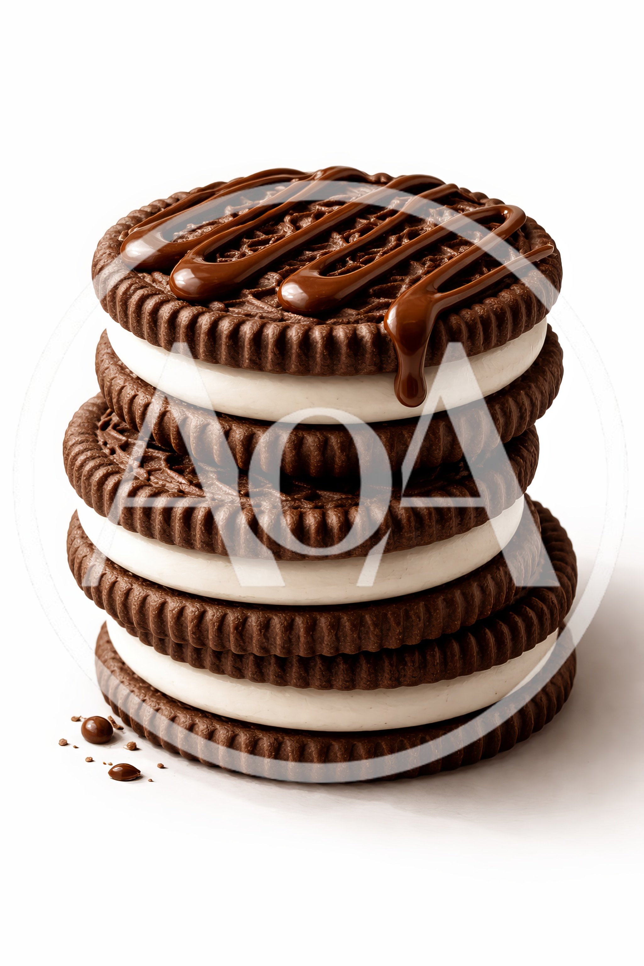 Stack Of Chocolate Sandwich Cookies With Drizzled Syrup