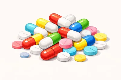 Pile Of Colorful Pharmaceutical Capsules And Tablets