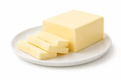 Block of Butter Sliced on a White Plate