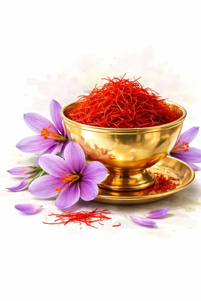 Saffron Threads in a Golden Bowl with Crocus Flowers