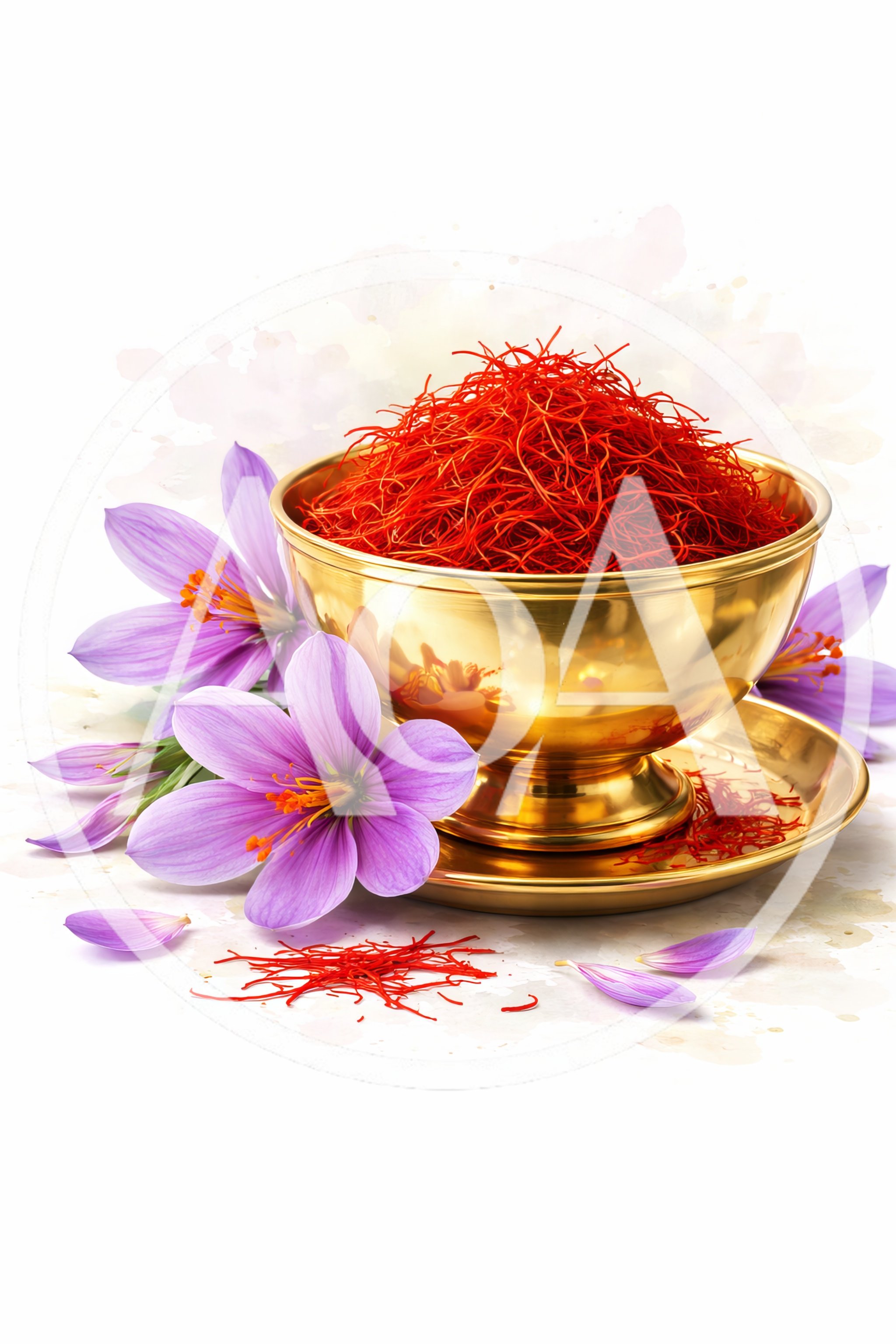 Saffron Threads in a Golden Bowl with Crocus Flowers