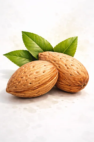 Two Whole Almonds With Green Leaves