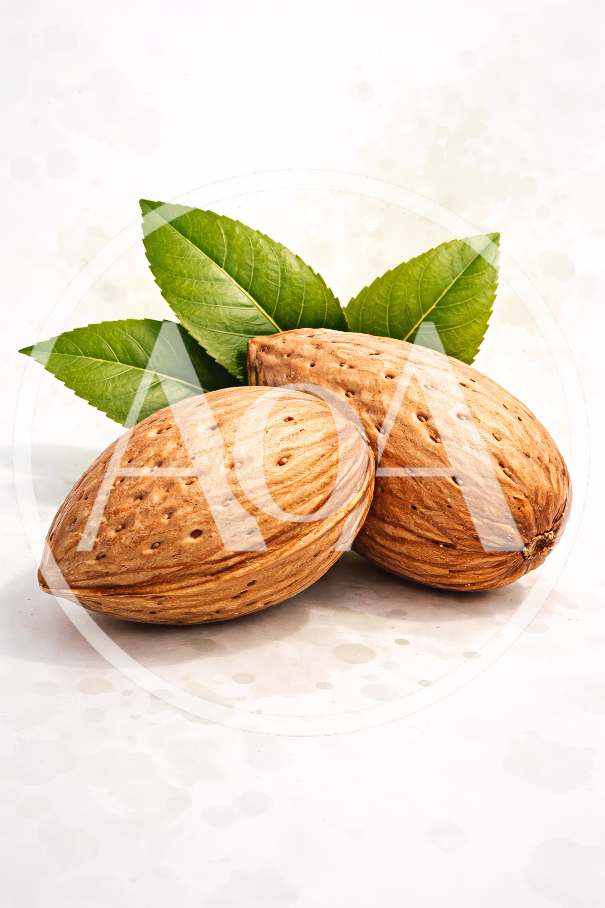 Two Whole Almonds With Green Leaves