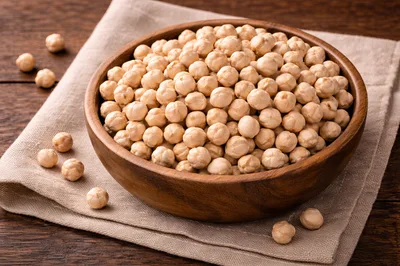 Wooden Bowl Filled With Dried Chickpeas