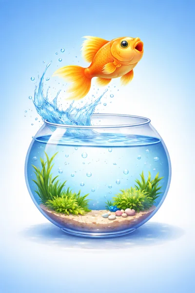 Goldfish Jumping Out Of A Glass Fishbowl