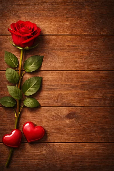 Single Red Rose And Two Hearts On Wooden Background