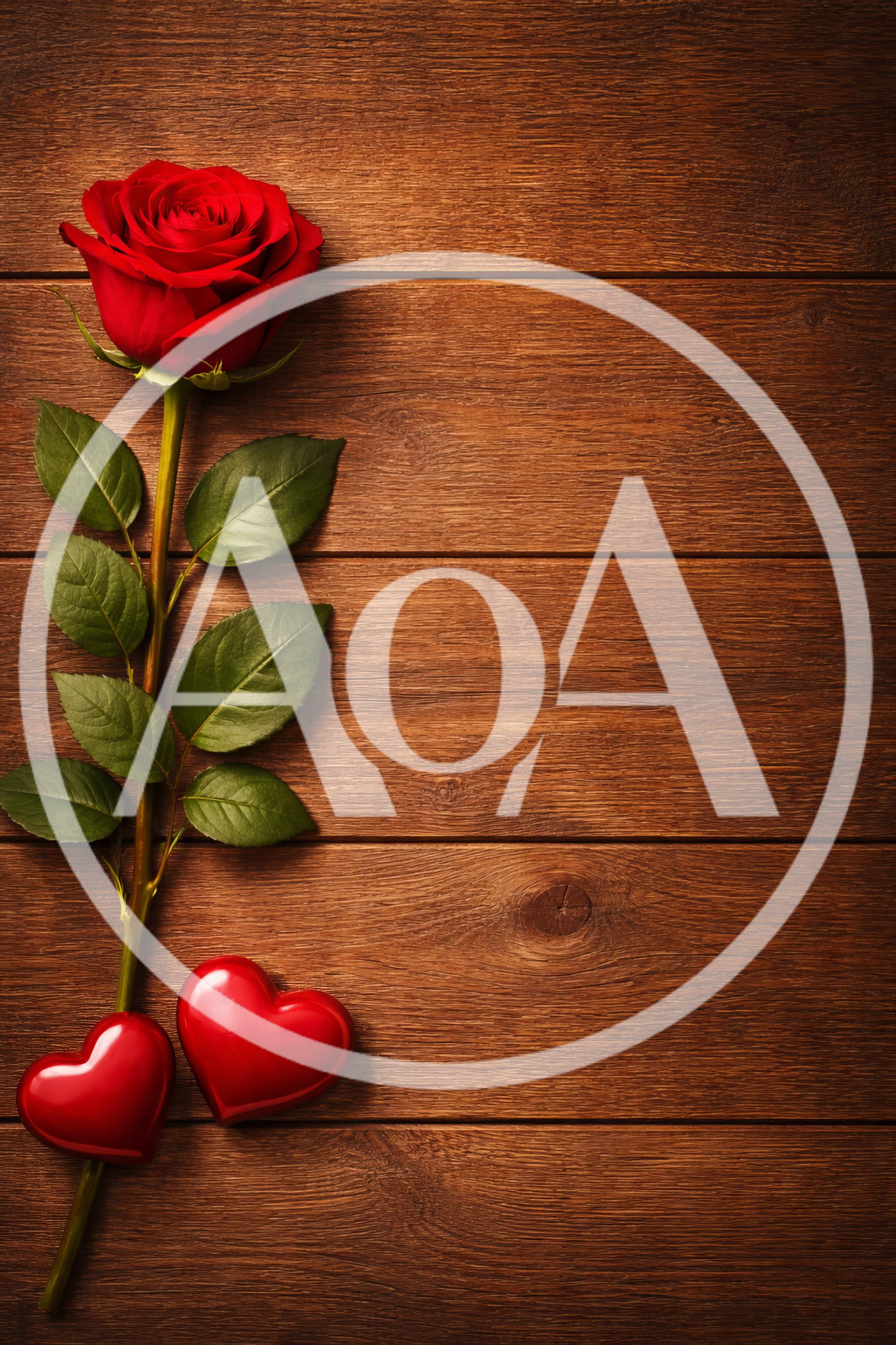 Single Red Rose And Two Hearts On Wooden Background