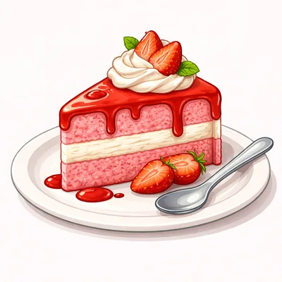 Slice Of Strawberry Cake With Whipped Cream On Plate