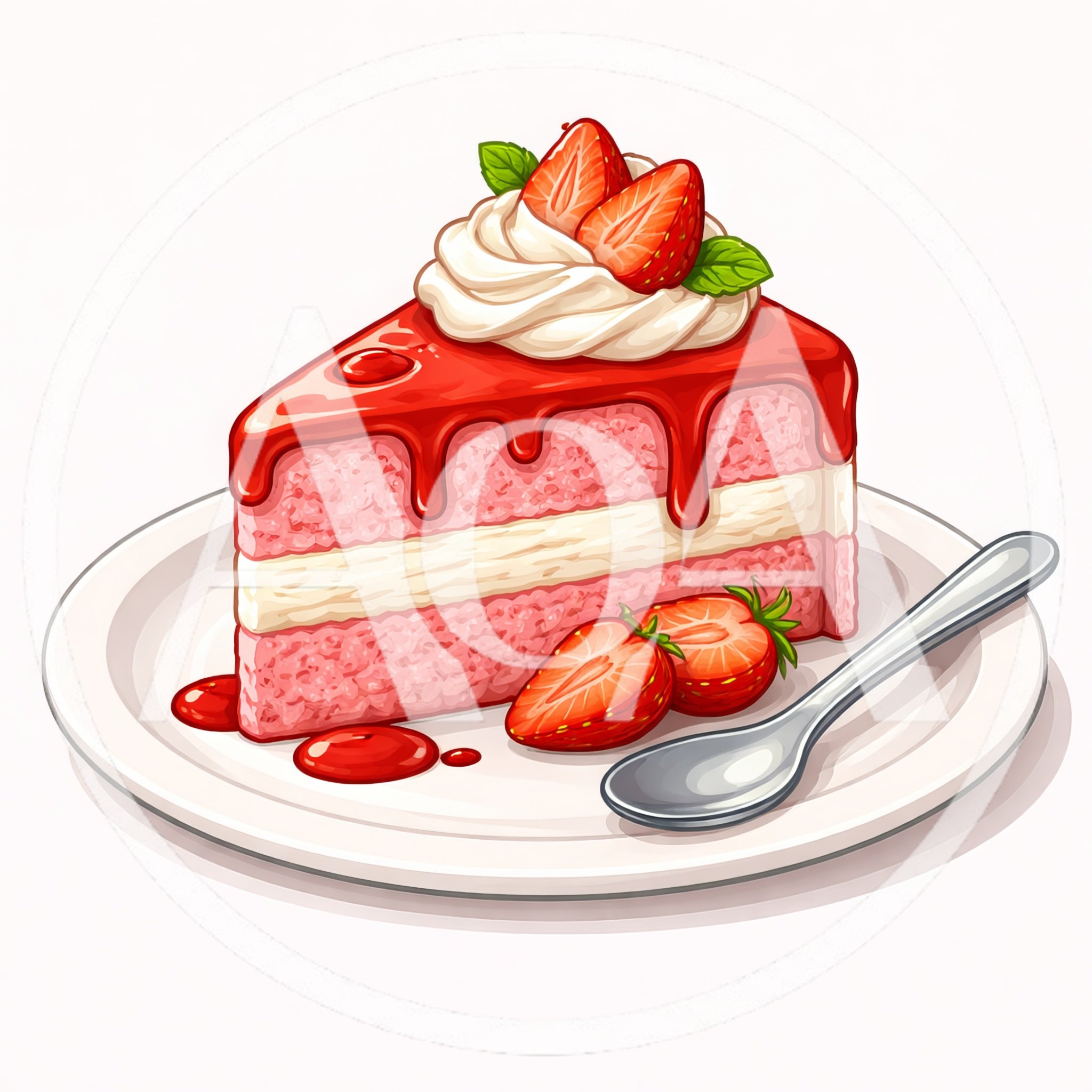 Slice Of Strawberry Cake With Whipped Cream On Plate