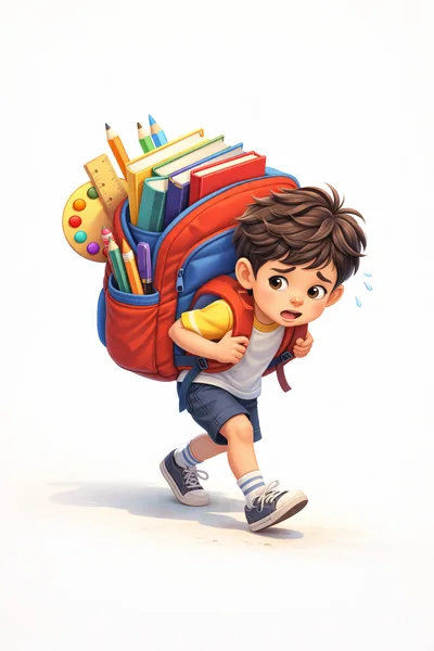 Stressed Schoolboy Carrying An Overloaded Backpack
