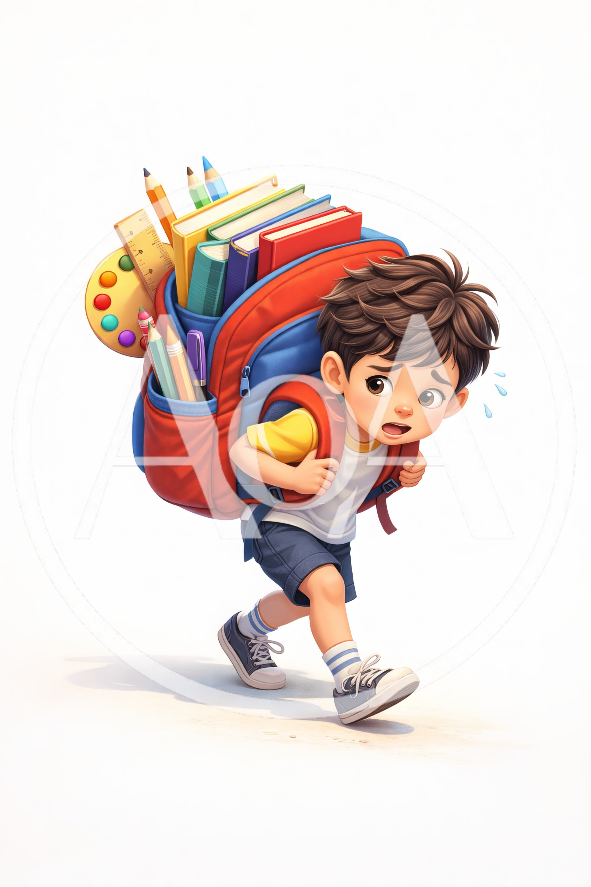Stressed Schoolboy Carrying An Overloaded Backpack