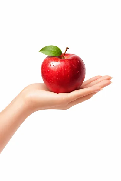 Hand Holding A Fresh Red Apple With Leaf