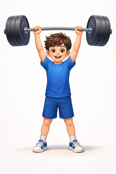 Cartoon Boy Lifting Heavy Barbell Over His Head