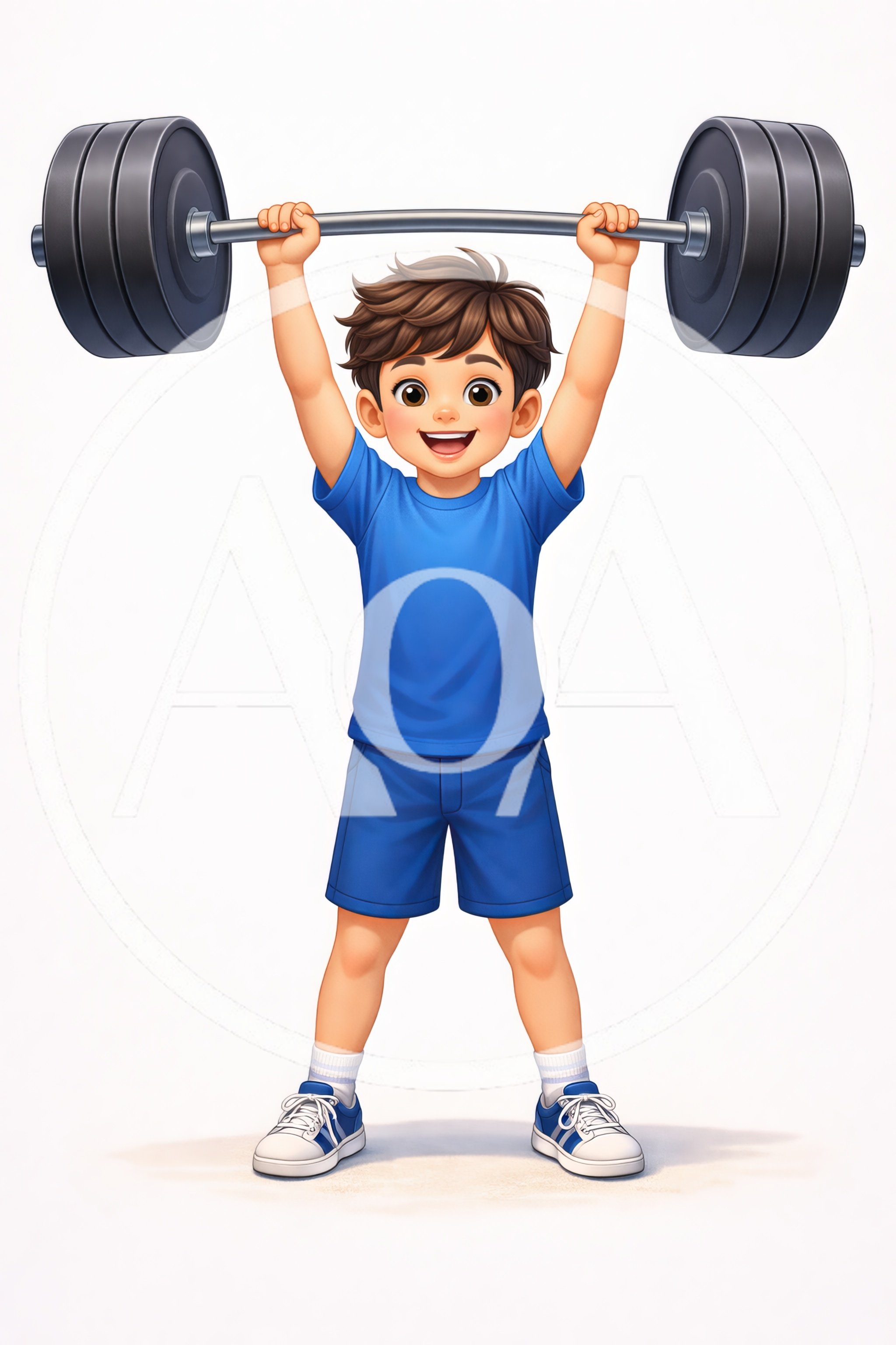 Cartoon Boy Lifting Heavy Barbell Over His Head