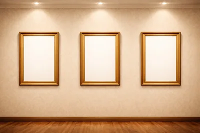 Three Empty Gold Picture Frames on Patterned Wallpaper