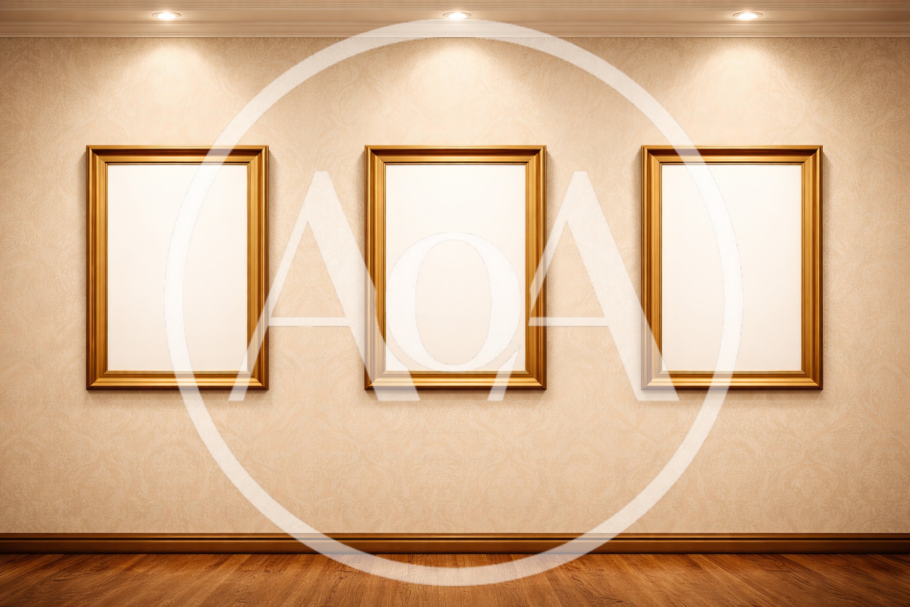 Three Empty Gold Picture Frames on Patterned Wallpaper
