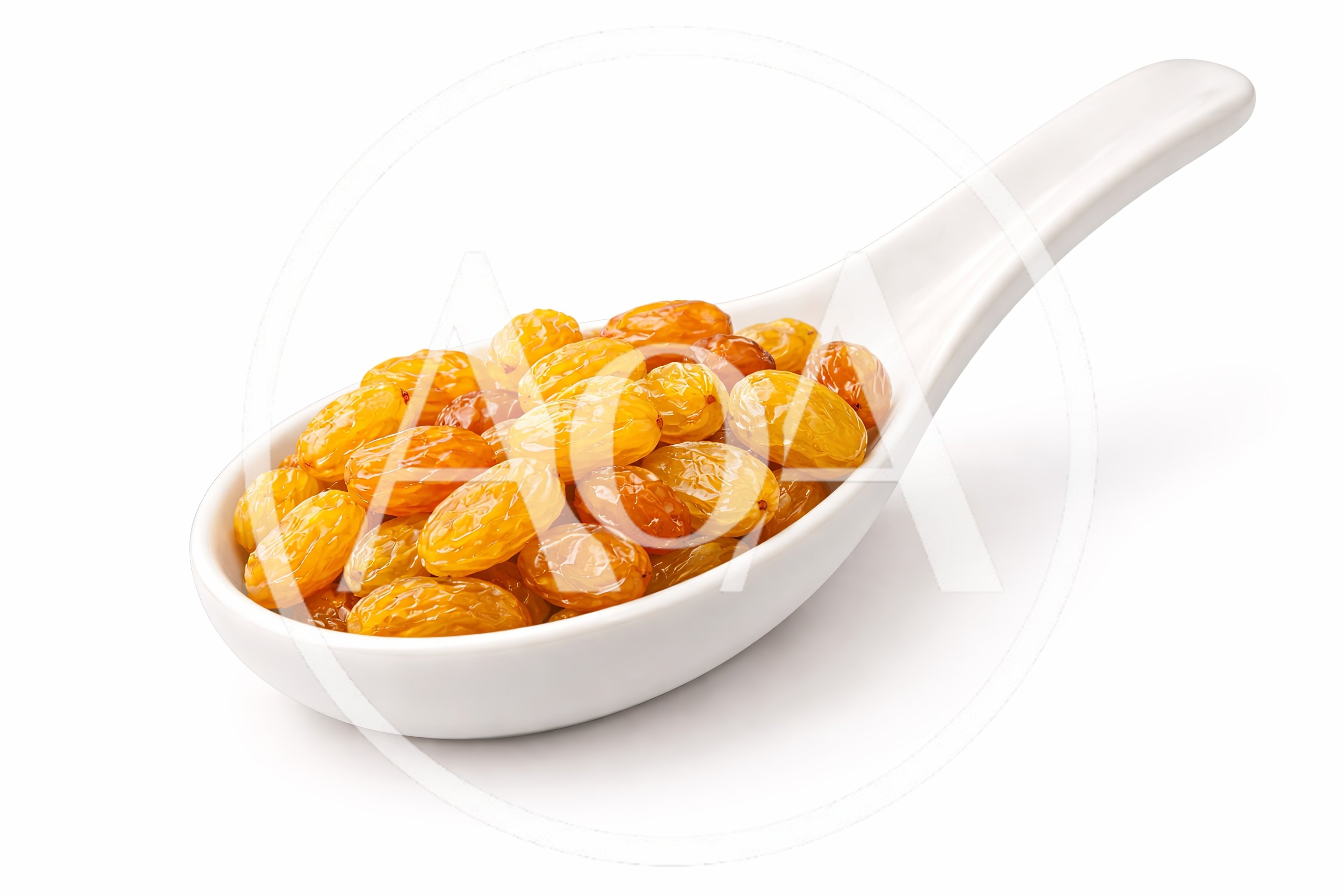 Golden Raisins in a White Ceramic Spoon