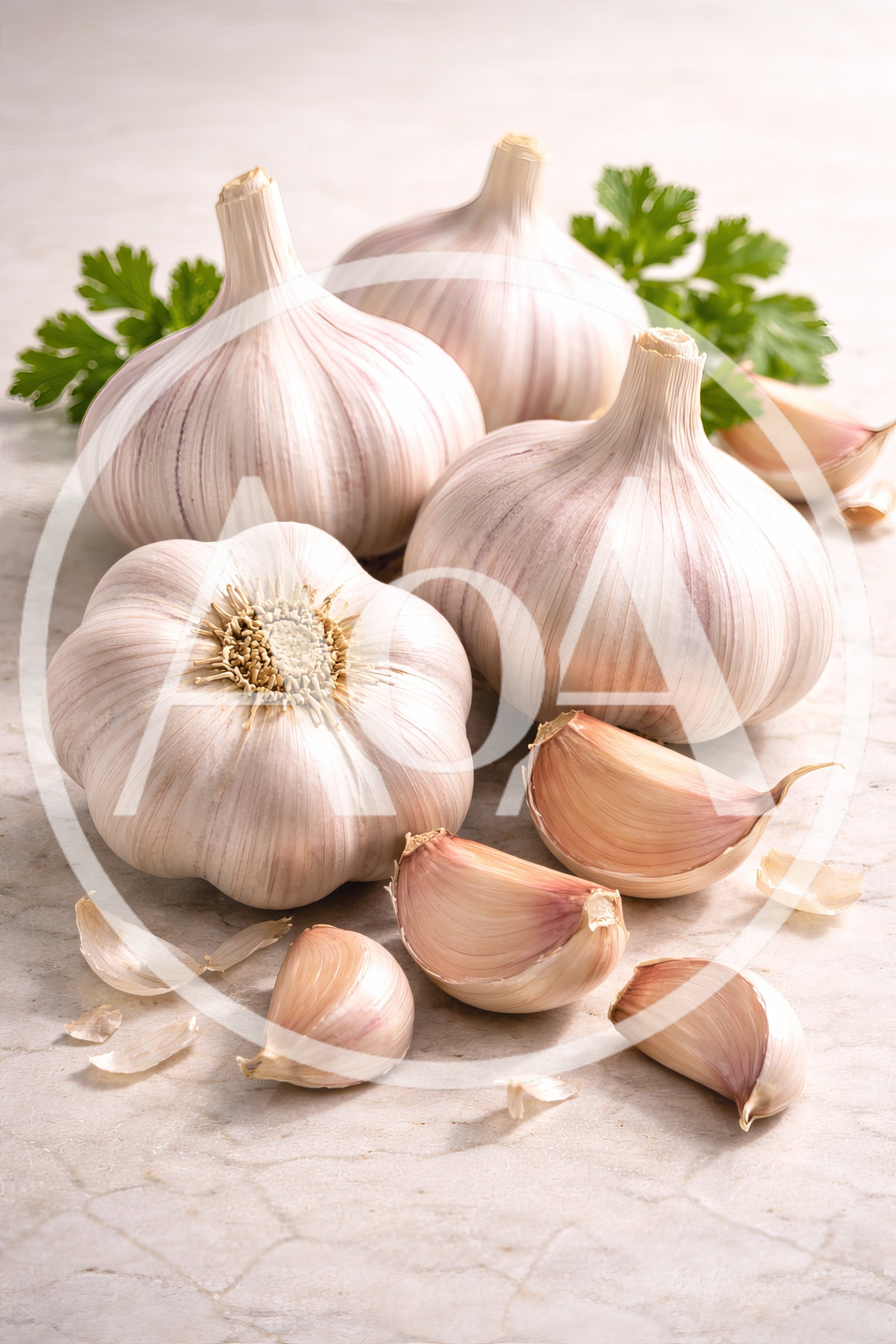Fresh Garlic Bulbs and Cloves on Marble Surface