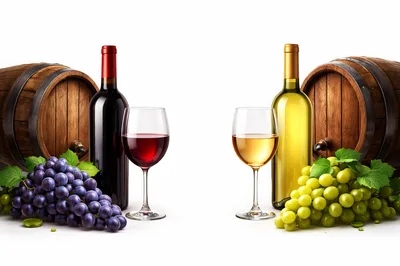Red and White Wine Bottles with Grapes and Barrels