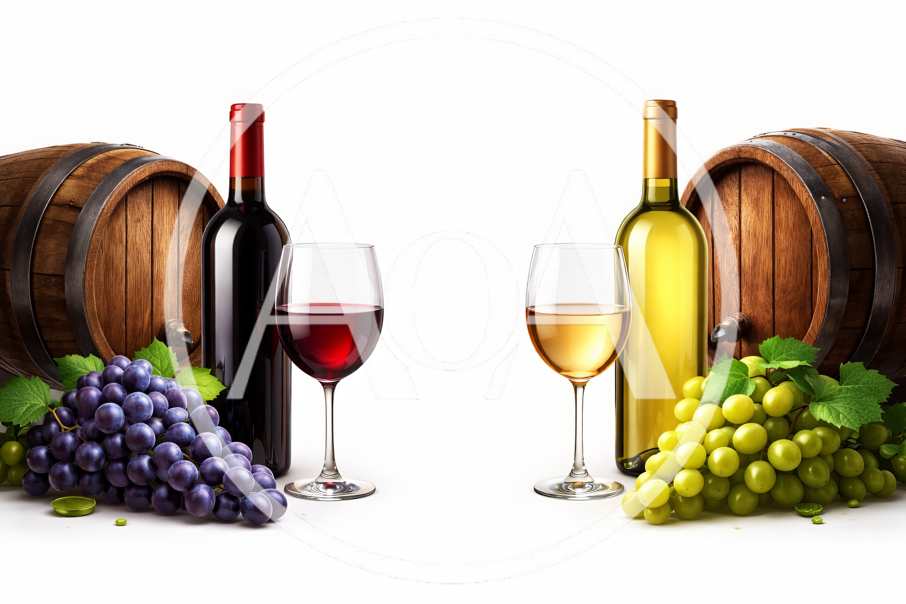 Red and White Wine Bottles with Grapes and Barrels