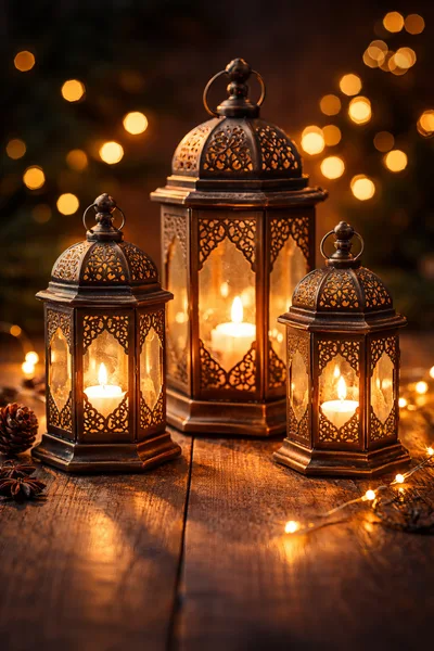 Three Decorative Metal Lanterns With Glowing Candles