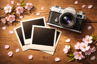 Vintage Camera And Blank Photos With Cherry Blossoms