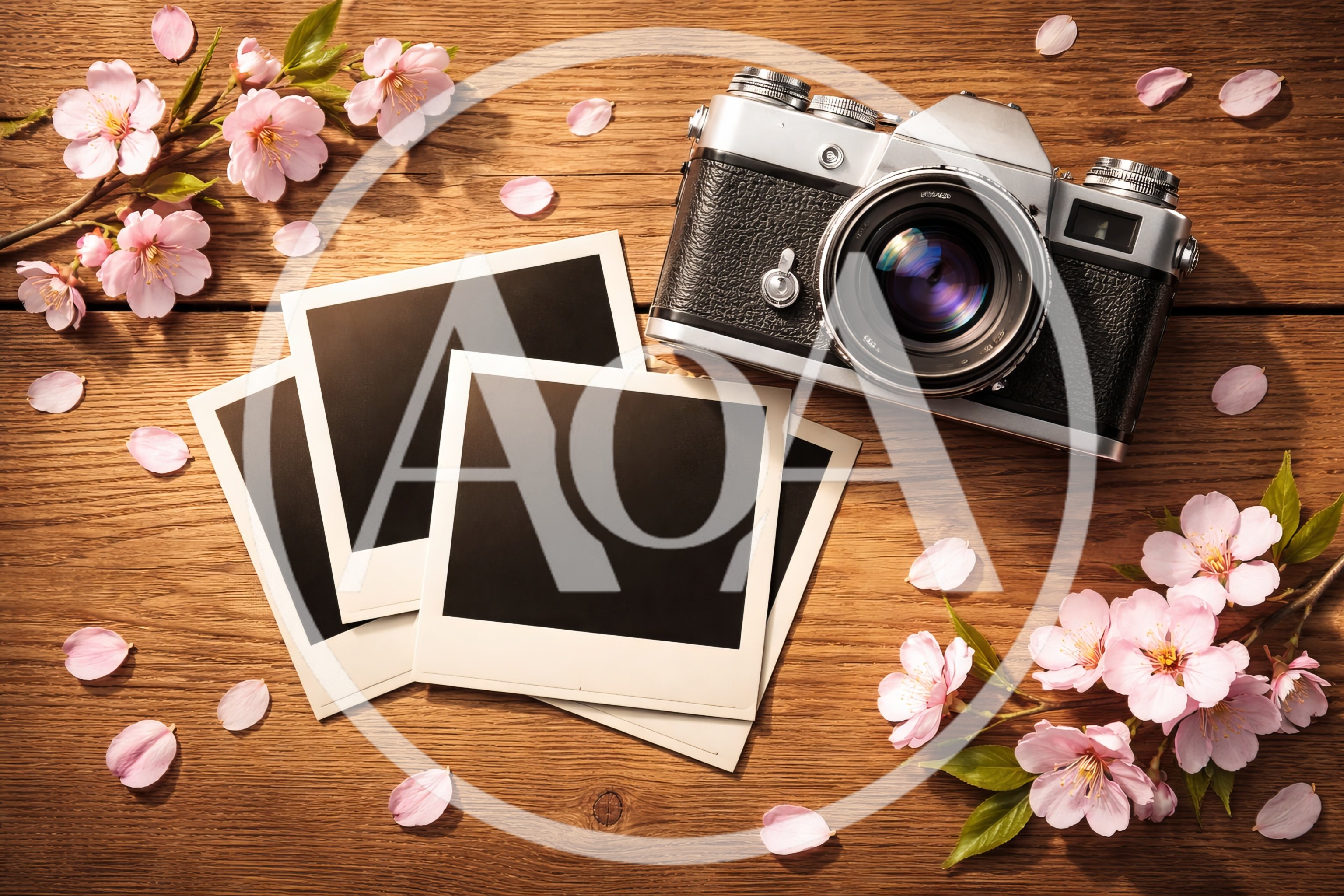 Vintage Camera And Blank Photos With Cherry Blossoms