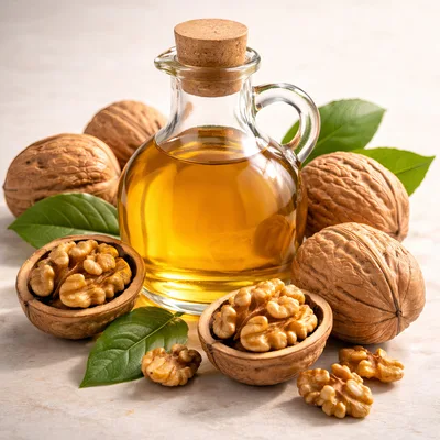 Walnut Oil In Glass Bottle With Whole And Shelled Walnuts