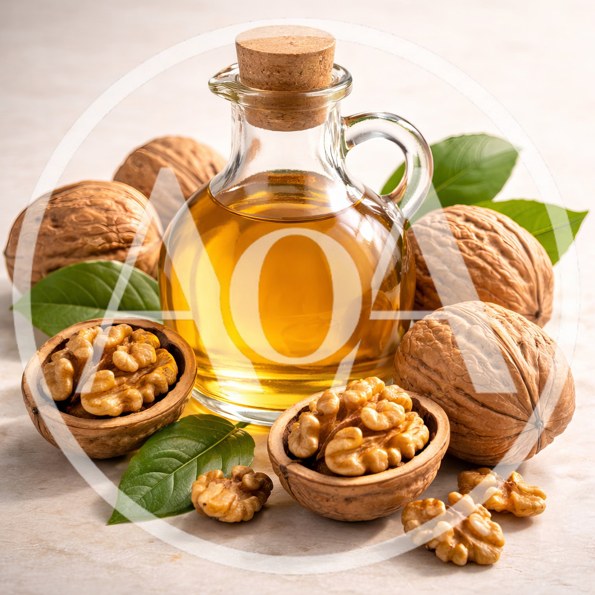Walnut Oil In Glass Bottle With Whole And Shelled Walnuts