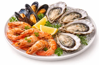 Fresh Seafood Platter With Oysters Mussels And Shrimp