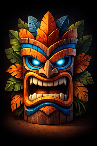 Glowing Tiki Mask With Tropical Leaves