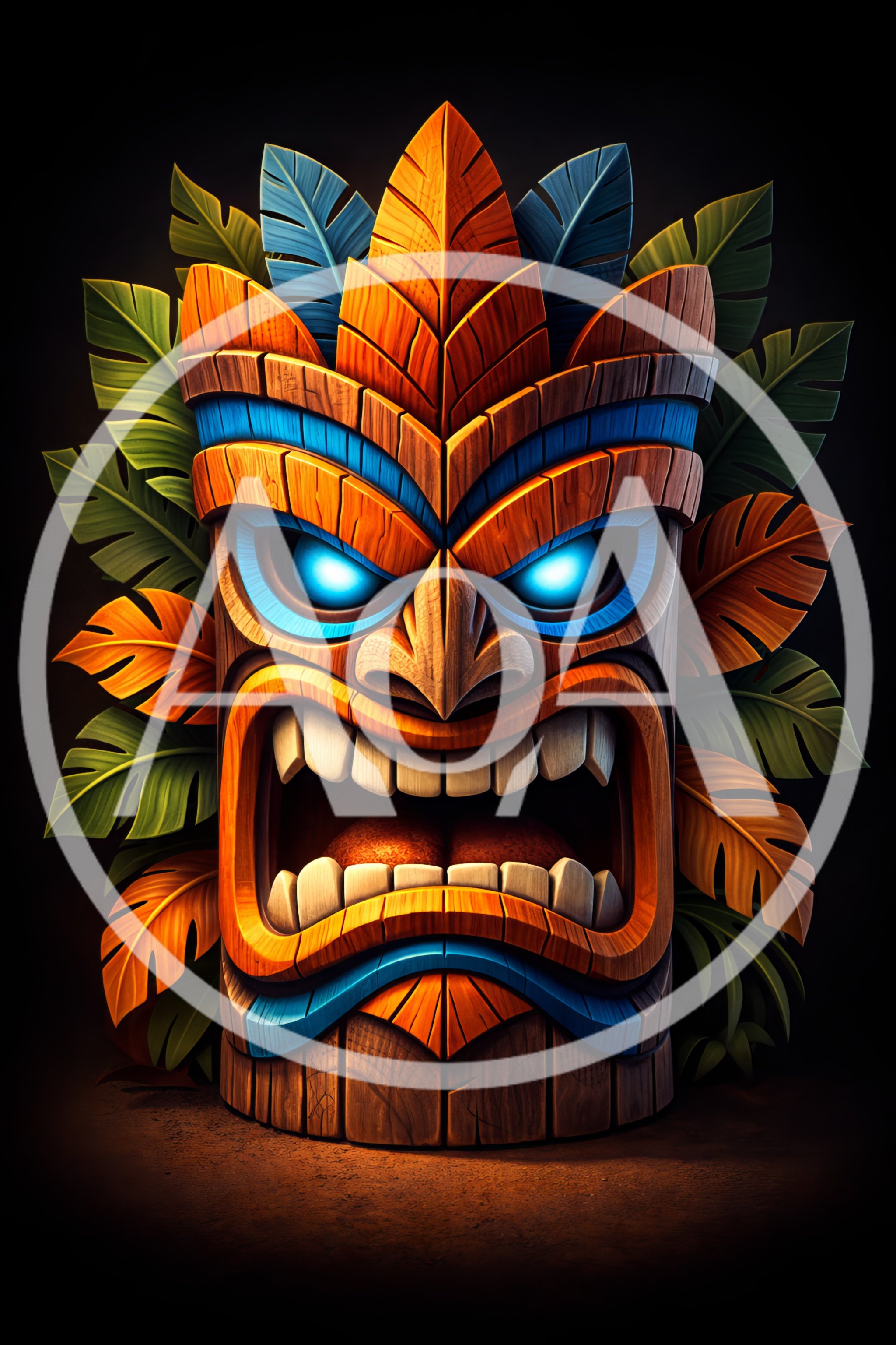 Glowing Tiki Mask With Tropical Leaves