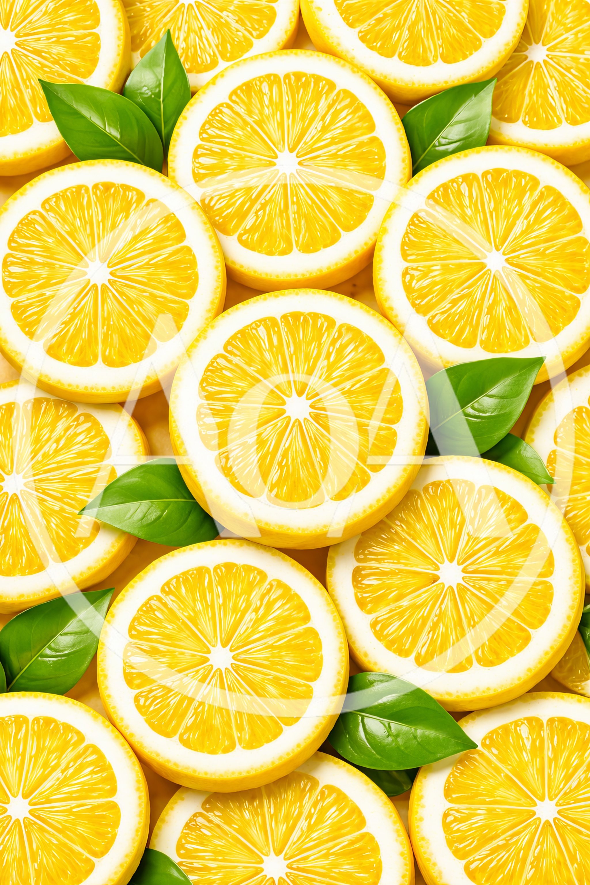 Fresh Lemon Slices With Green Leaves Background