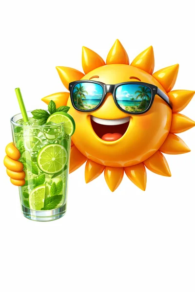 Cheerful Cartoon Sun Character Holding A Refreshing Mojito