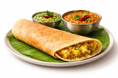 Masala Dosa Served With Chutney And Sambar