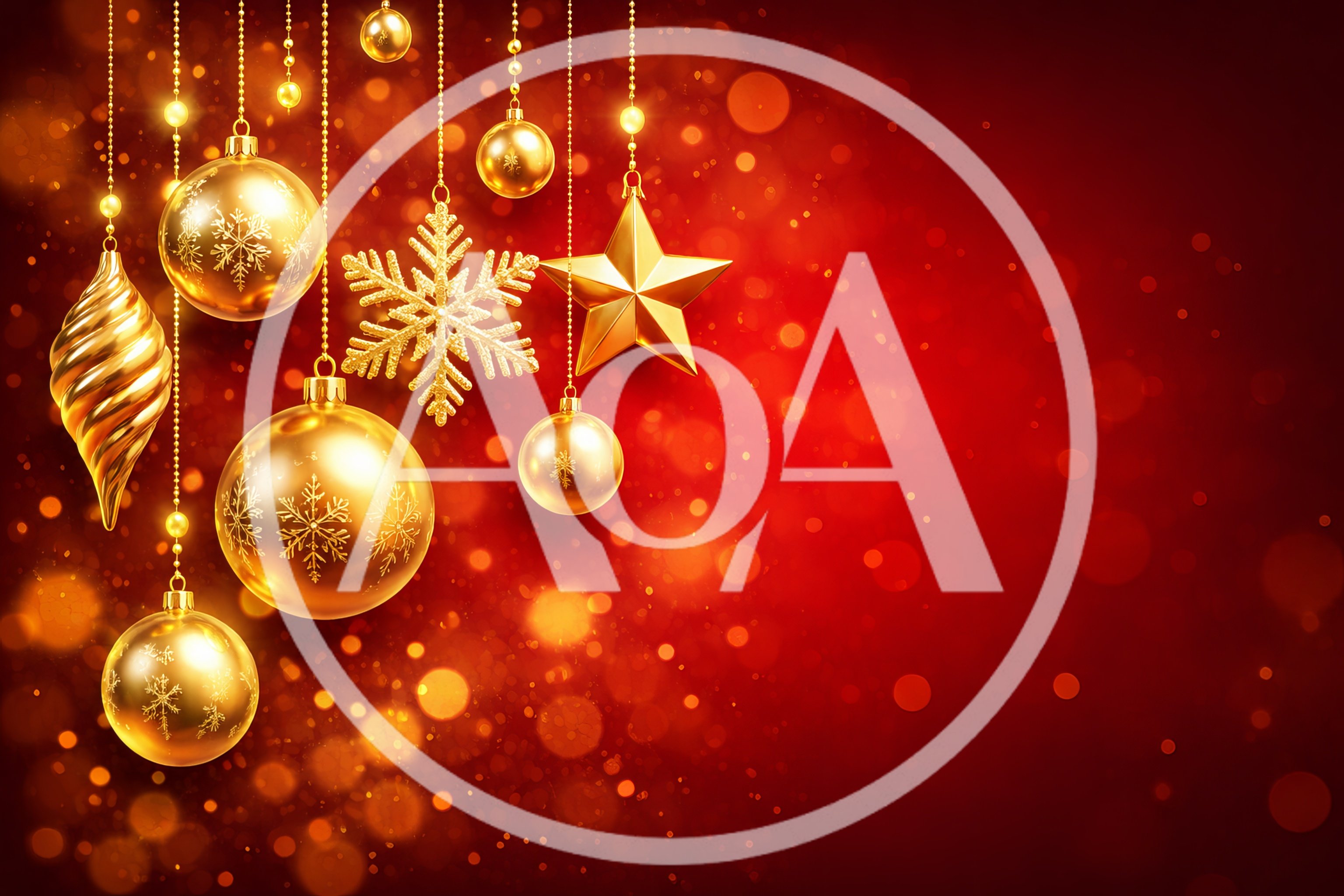 Golden Christmas Ornaments Hanging Against Red Bokeh Background