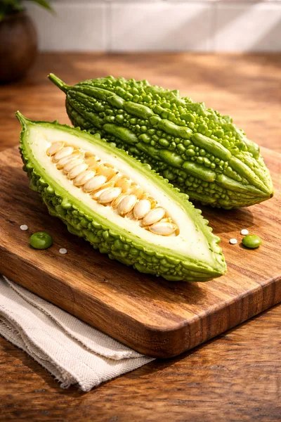 Fresh Bitter Melon Halved On A Wooden Cutting Board