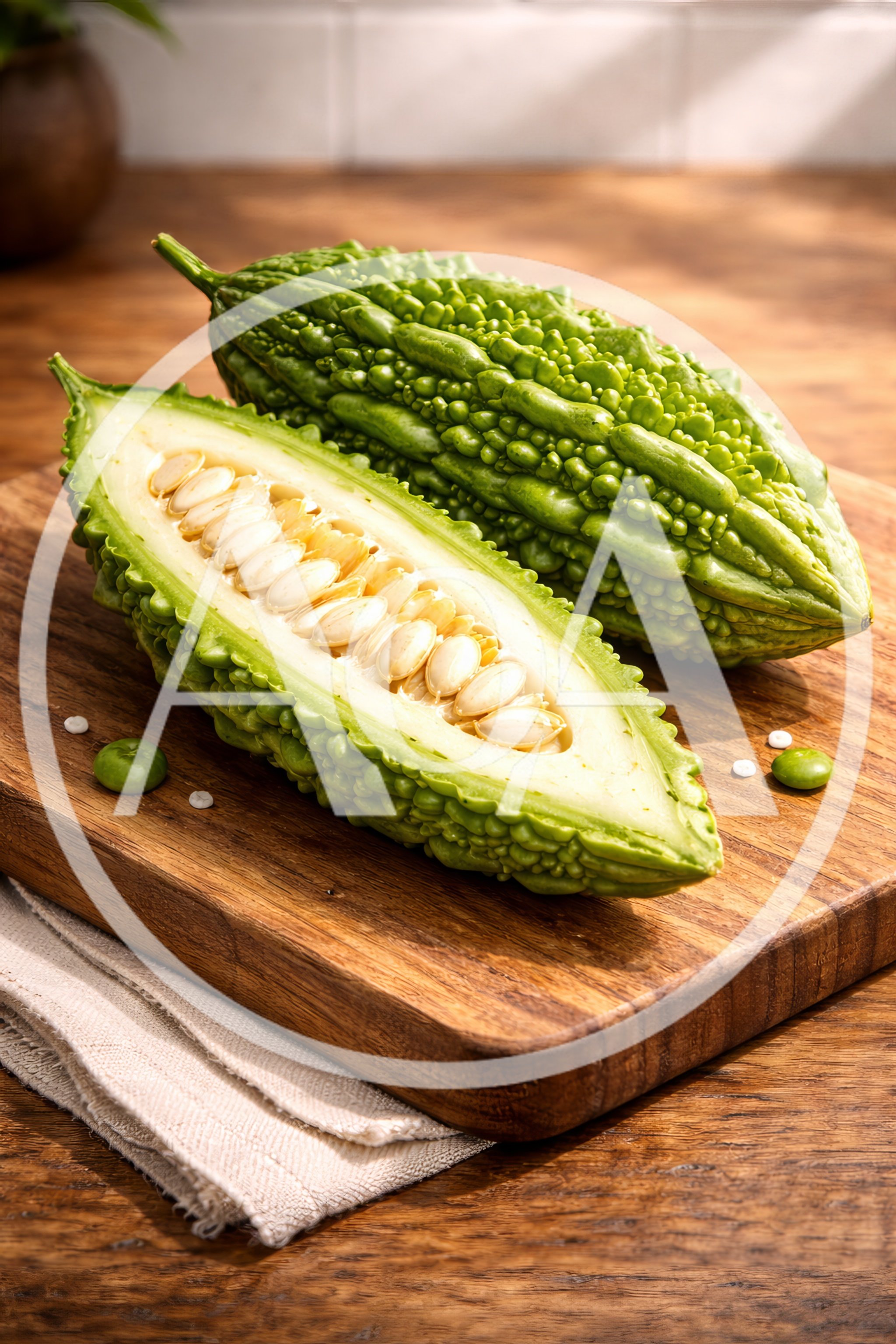 Fresh Bitter Melon Halved On A Wooden Cutting Board