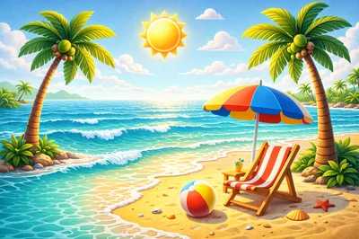 Tropical Beach Scene With Palm Trees And Beach Chair
