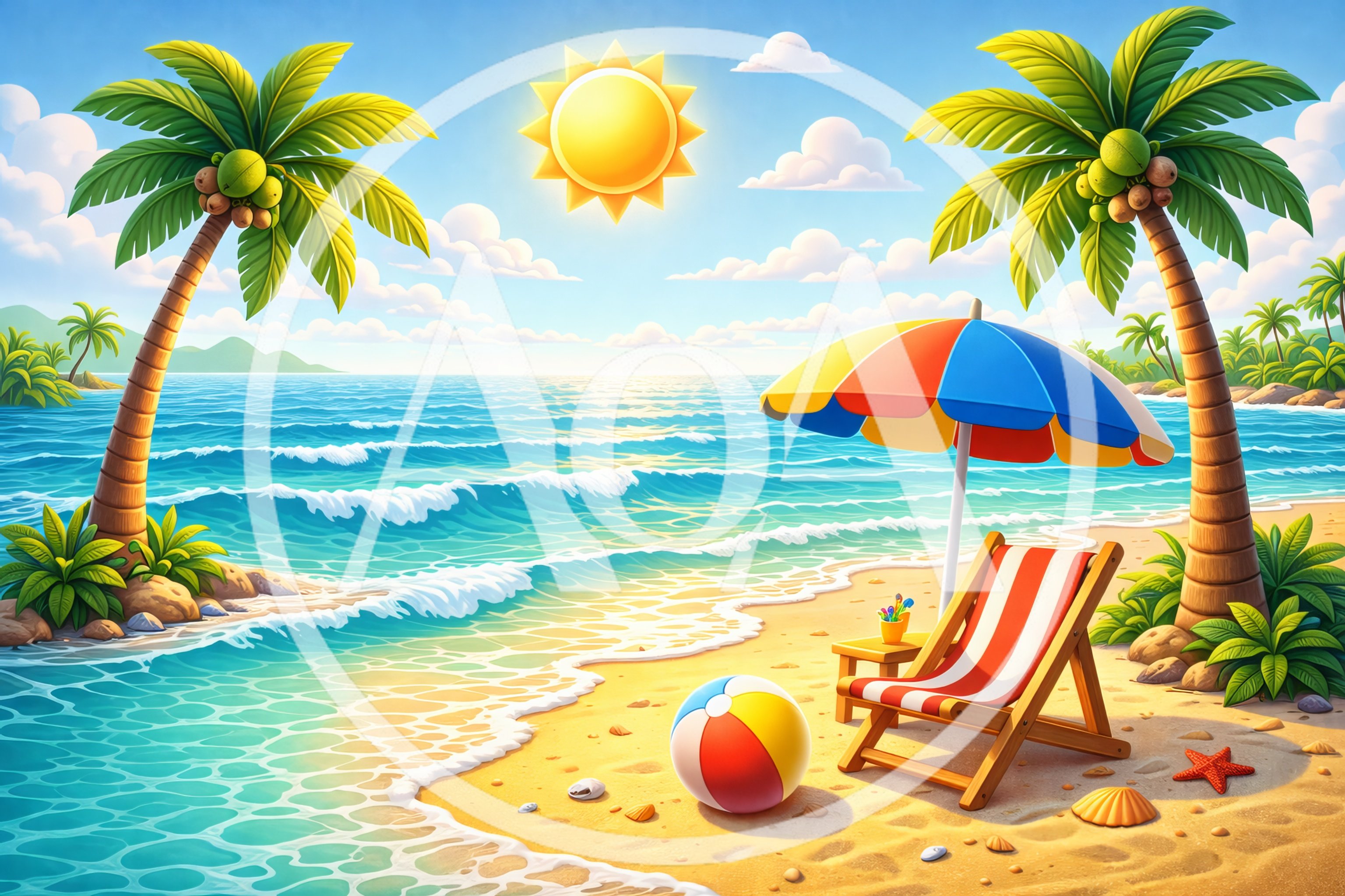 Tropical Beach Scene With Palm Trees And Beach Chair