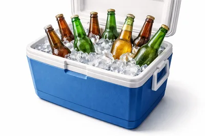 Blue Cooler Filled With Chilled Beer Bottles In Ice