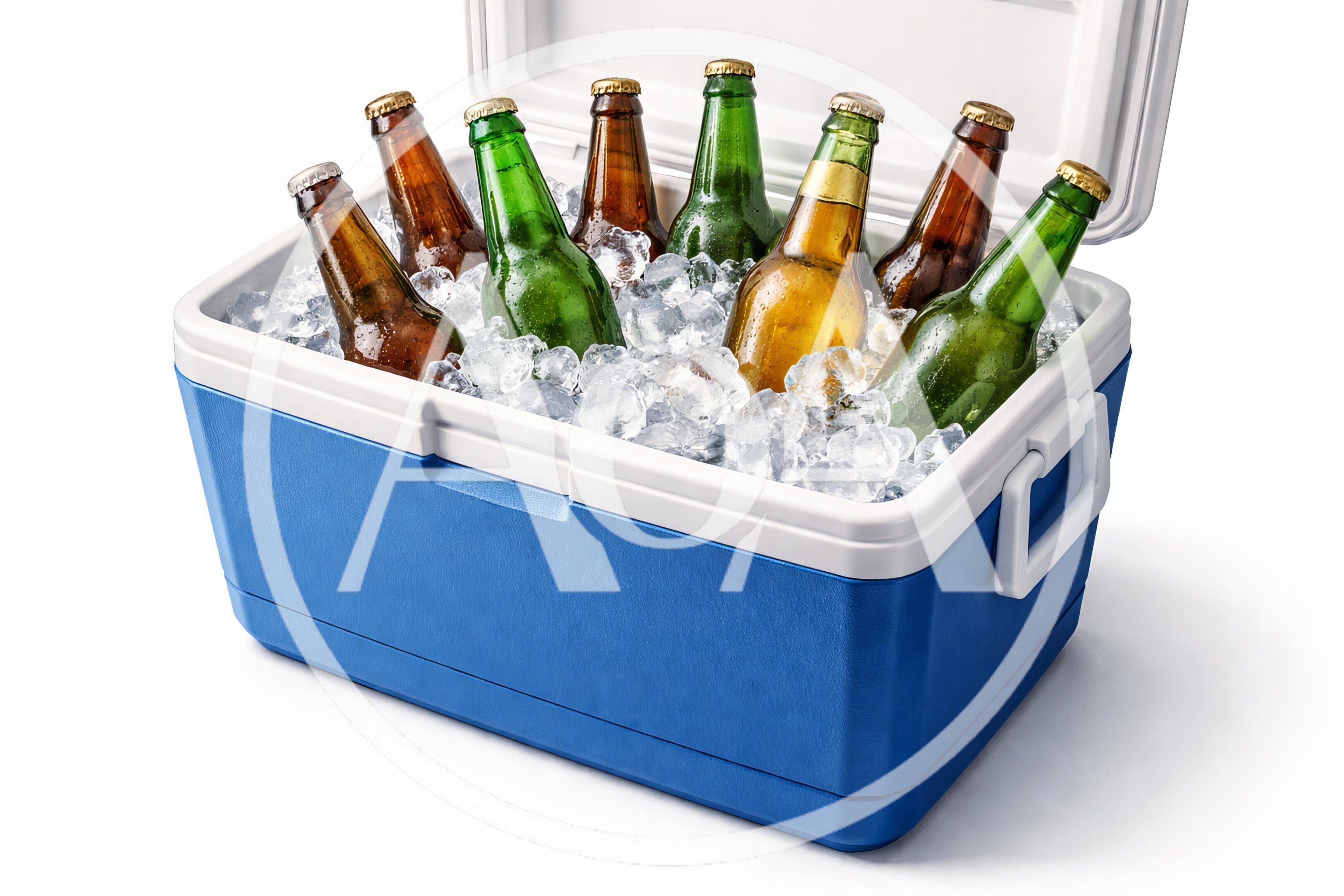 Blue Cooler Filled With Chilled Beer Bottles In Ice