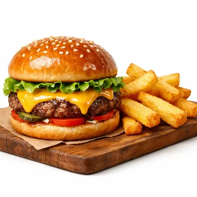 Gourmet Cheeseburger With Golden French Fries On Wooden Board
