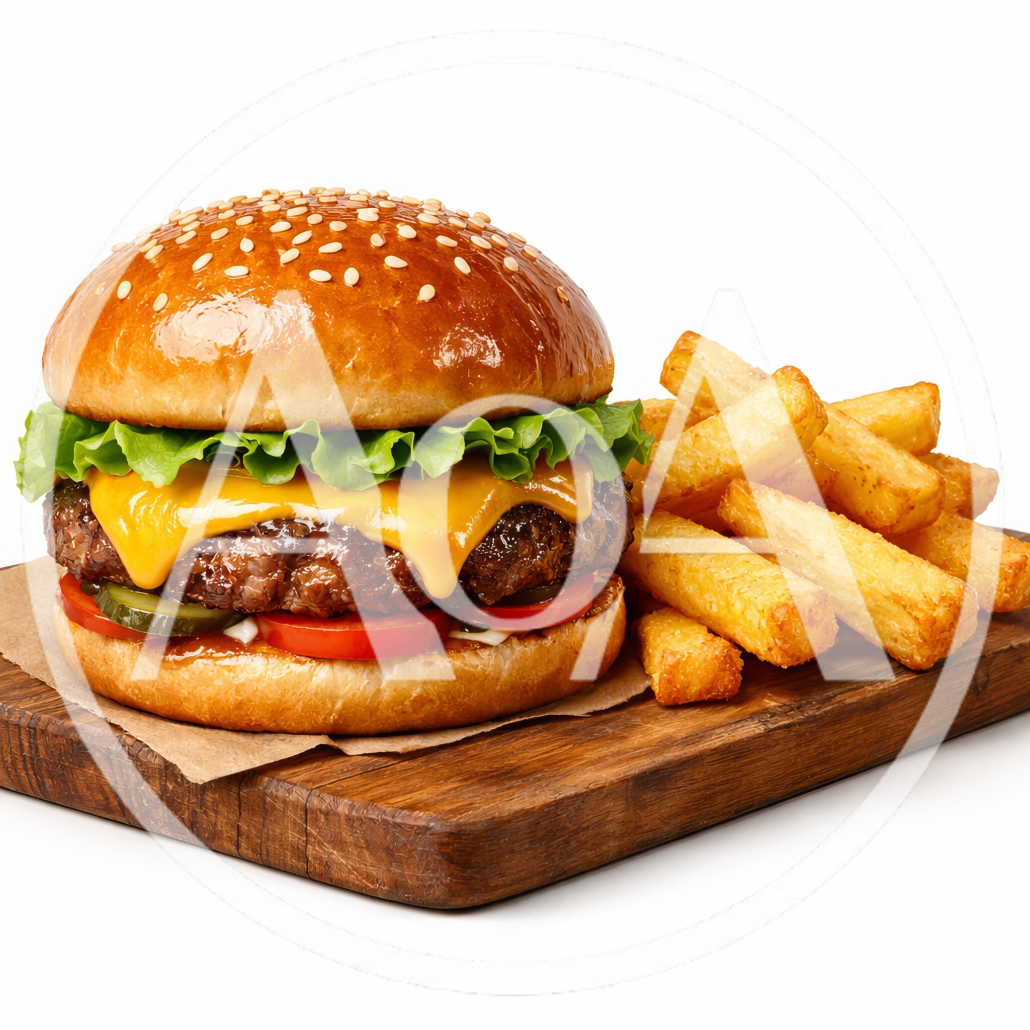 Gourmet Cheeseburger With Golden French Fries On Wooden Board