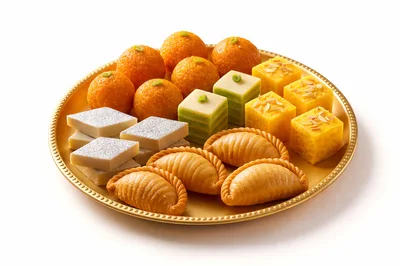 Assorted Indian Sweets Arranged On A Golden Platter