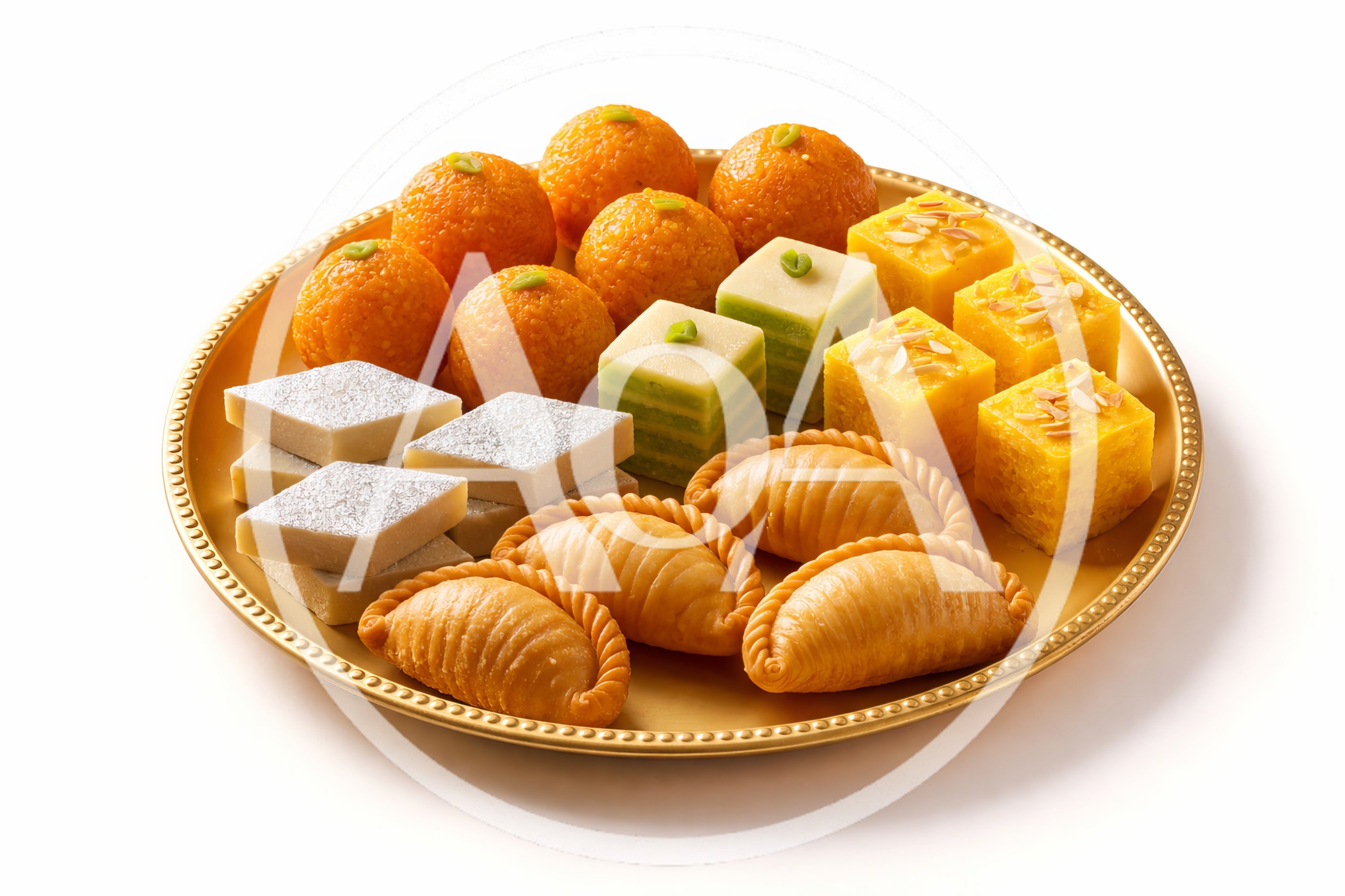 Assorted Indian Sweets Arranged On A Golden Platter