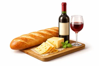 Baguette Bread With Swiss Cheese And Red Wine